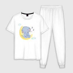 Пижама хлопковая мужская Милый Слонёнок Сидит На Месяце Играя На Флейте, цвет: белый