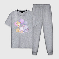 Пижама хлопковая мужская Милый Жирафик, Слонёнок и Крольчонок На Празднике, цвет: меланж