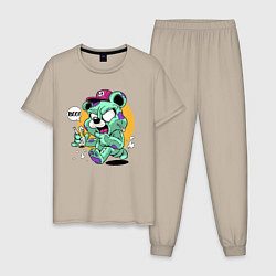 Пижама хлопковая мужская Медведь с лимонадом и конфетой кричит boo! Cool te, цвет: миндальный