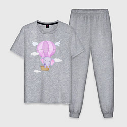 Пижама хлопковая мужская Милый Слонёнок Летит На Воздушном Шаре Среди Облак, цвет: меланж