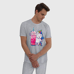 Пижама хлопковая мужская Молочный чай с пузырьками и единорожка, цвет: меланж — фото 2