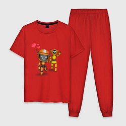Пижама хлопковая мужская Бегущие роботы без фона, цвет: красный