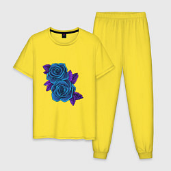 Пижама хлопковая мужская Синие розы ночью, цвет: желтый