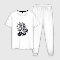 Пижама хлопковая мужская Котик - Космонавт, цвет: белый