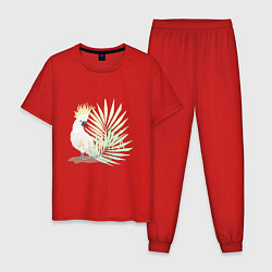Пижама хлопковая мужская Белый попугай с хохолком на фоне листьев пальмы, цвет: красный