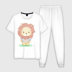 Пижама хлопковая мужская Милый Львёнок На Лужайке, цвет: белый
