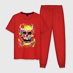 Пижама хлопковая мужская Красочный стилизованный череп, цвет: красный