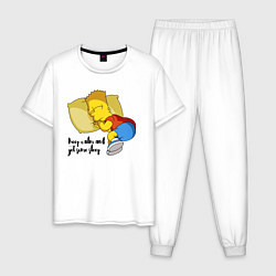 Пижама хлопковая мужская Успокойся и немного поспи - Барт Симпсон, цвет: белый