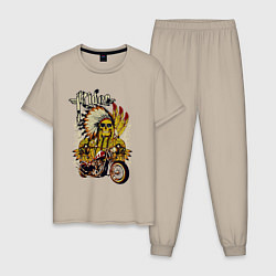 Пижама хлопковая мужская Множество черепов, байк и надпись, цвет: миндальный