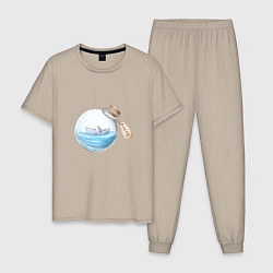 Пижама хлопковая мужская Лето в бутылке - море, цвет: миндальный