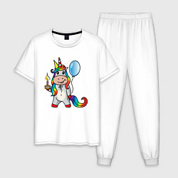 Пижама хлопковая мужская Праздничный единорог с тортиком, цвет: белый