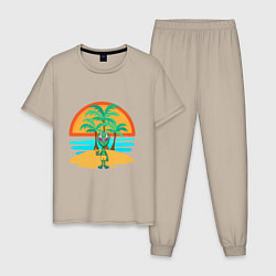 Пижама хлопковая мужская Пришелец на пляже, цвет: миндальный