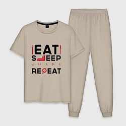 Пижама хлопковая мужская Надпись: eat sleep Quake repeat, цвет: миндальный