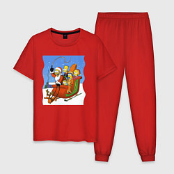 Пижама хлопковая мужская Новогодняя семейка Симпсонов в санях запряженных с, цвет: красный
