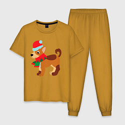 Пижама хлопковая мужская Праздничная собачка в шапке и шарфике, цвет: горчичный