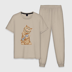 Пижама хлопковая мужская Кот с рыбой в лапках, цвет: миндальный