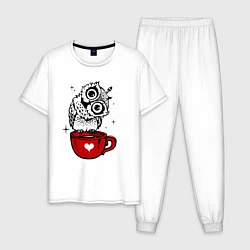 Пижама хлопковая мужская Сова на кружке с сердечком, цвет: белый