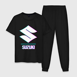 Пижама хлопковая мужская Значок Suzuki в стиле glitch, цвет: черный