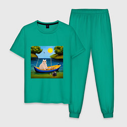 Пижама хлопковая мужская Кот рыбак, цвет: зеленый