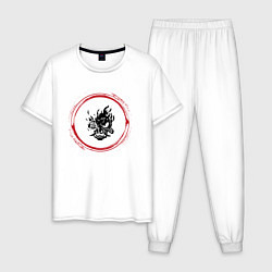 Пижама хлопковая мужская Символ Cyberpunk 2077 и красная краска вокруг, цвет: белый