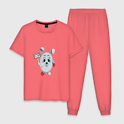 Пижама хлопковая мужская Кролик - Не подходи а то тапком кину, цвет: коралловый