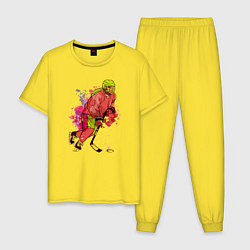 Пижама хлопковая мужская Девочка хоккеист, цвет: желтый