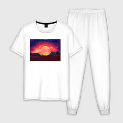 Пижама хлопковая мужская 3D неоновые горы на закате, цвет: белый