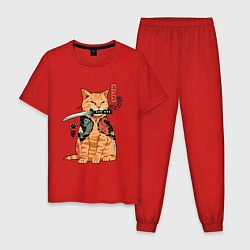 Пижама хлопковая мужская Японский Кот Якудза, цвет: красный