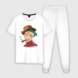 Пижама хлопковая мужская Череп-ковбой курит сигару, цвет: белый