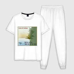 Пижама хлопковая мужская Лес и озеро, цвет: белый