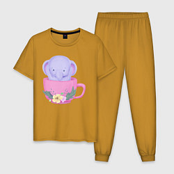 Пижама хлопковая мужская Милый слонёнок внутри чашки с цветами, цвет: горчичный