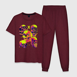 Пижама хлопковая мужская Тусовка черепов, цвет: меланж-бордовый