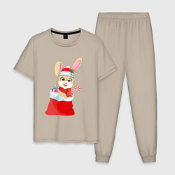 Пижама хлопковая мужская Зайчик в мешке с подарками, цвет: миндальный