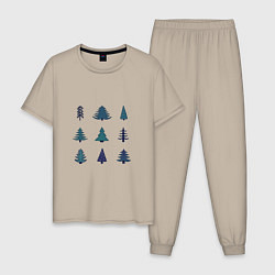 Пижама хлопковая мужская Ёлки лес, цвет: миндальный
