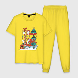 Пижама хлопковая мужская Новогодние котята на домике с ёлками, цвет: желтый