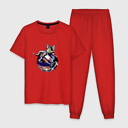 Пижама хлопковая мужская Птицы на мечтающем космонавте, цвет: красный