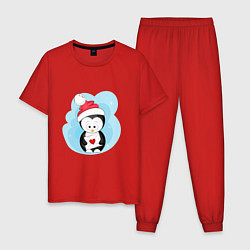 Пижама хлопковая мужская Пингвин с письмом, цвет: красный