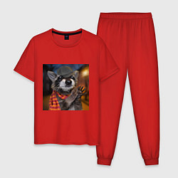 Пижама хлопковая мужская Енот-Детектив, цвет: красный