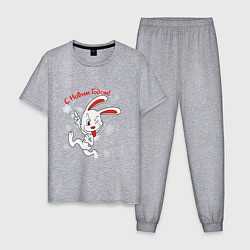 Пижама хлопковая мужская Подмигивающий кролик в снежинках, цвет: меланж