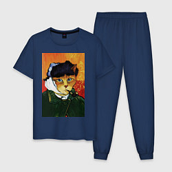 Пижама хлопковая мужская Кот Ван Гога портрет с отрезанным ухом - пародия, цвет: тёмно-синий