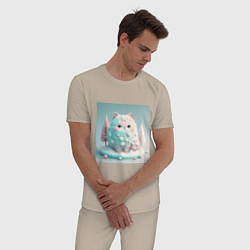 Пижама хлопковая мужская Толстый снежный котик пастельные цвета, цвет: миндальный — фото 2