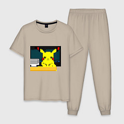 Пижама хлопковая мужская Пикачу программист 8bit, цвет: миндальный