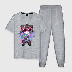 Пижама хлопковая мужская Кот супергерой с цветами, цвет: меланж