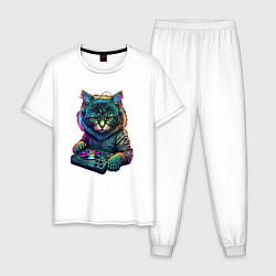 Пижама хлопковая мужская Кот диджей, цвет: белый