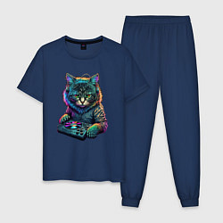 Пижама хлопковая мужская Кот диджей, цвет: тёмно-синий