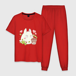 Пижама хлопковая мужская Тоторо и цветок, цвет: красный