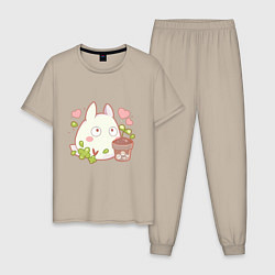 Пижама хлопковая мужская Тоторо и цветок, цвет: миндальный