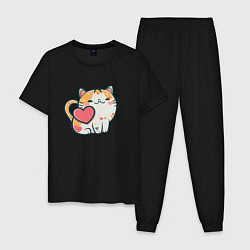 Пижама хлопковая мужская Котик с сердечками, цвет: черный