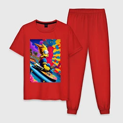 Пижама хлопковая мужская Барт Симпсон скейтбордист - нейросеть, цвет: красный