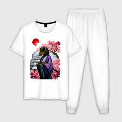 Мужская пижама Такса-Самурай весенняя на фоне сакуры